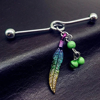 1PC Long Stainless Steel Industrial Piercing Ear Cartilage Straight Bar Jewelry Boho Feather Pendant Earring Ear Barbell Jewelry