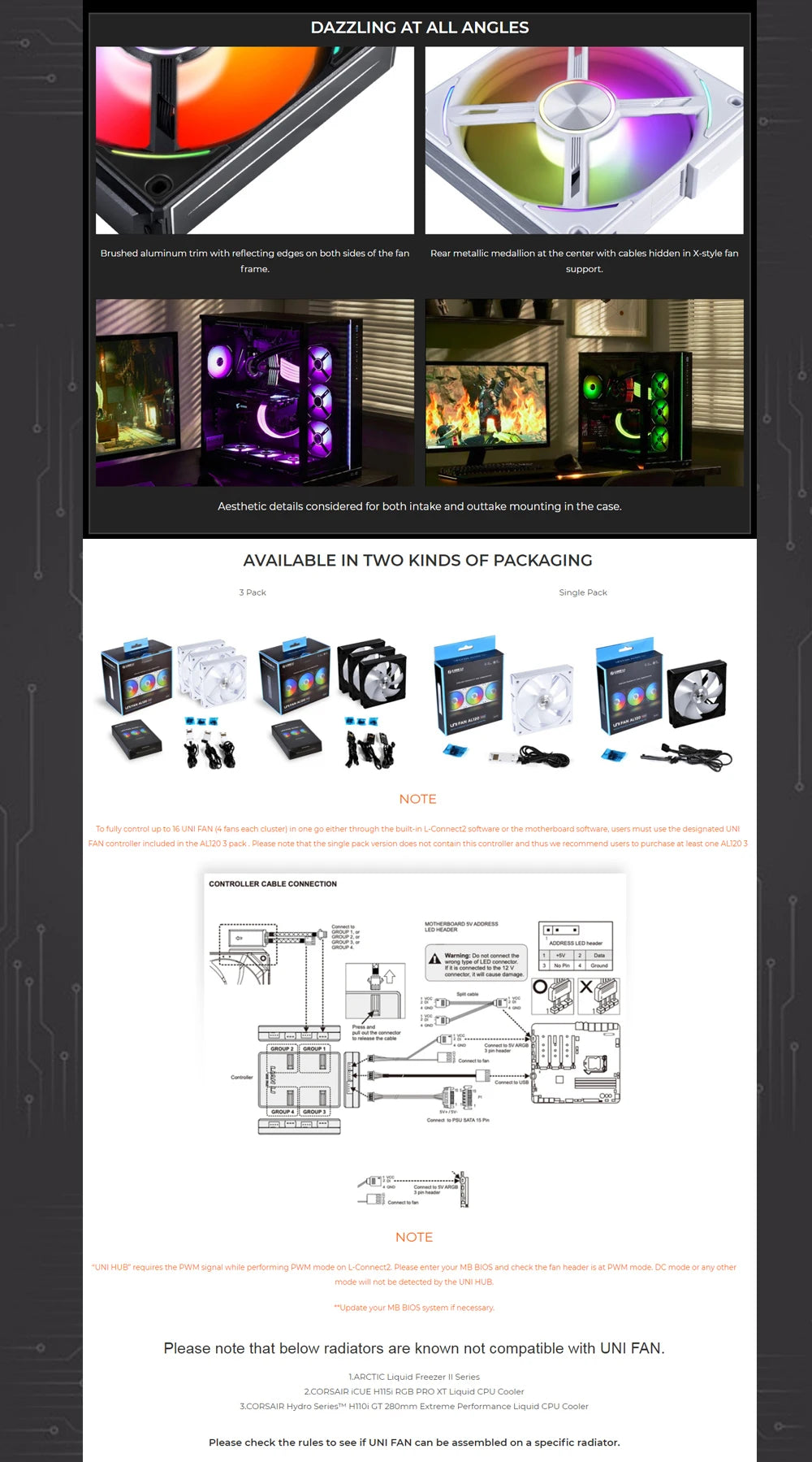 Lian Li UNI Fan AL120 ARGB Cableless Fan Support L-Connect 3 PWM Silent Low Noise High RPM MB SYNC Control Triple Pack