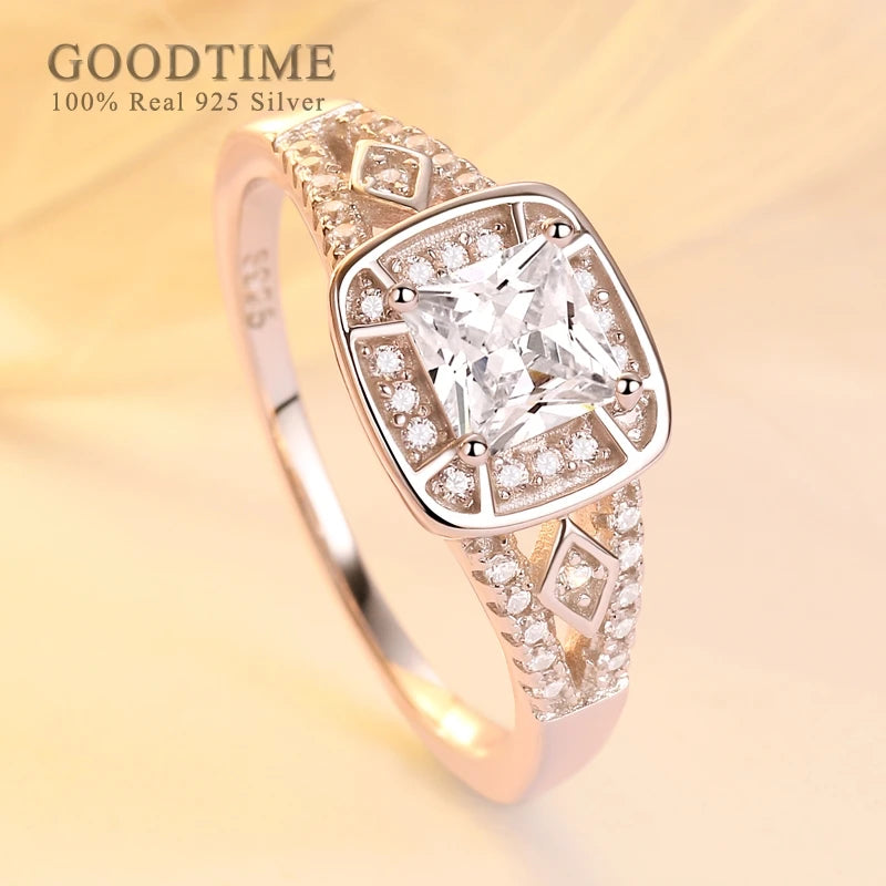 Luxury Women Ring Pure 925 Sterling Silver Ring Square Zircon Rhinestone Bride Wedding Jewelry Gift Accessories For Party