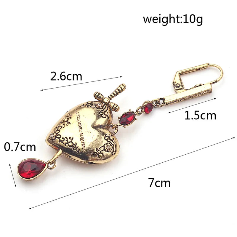 1 Pc Fashion Vintage Sword Heart Water Droplets Earrings Red Crystal Earrings for Women Earring can Open