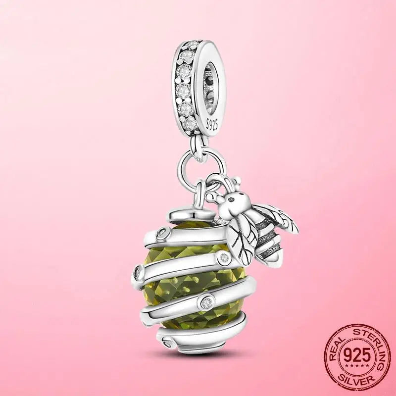 Bee Pendant 925 Sliver Honeycomb Bee Dangle Charm Pendant fit Original Brand Beads Bracelet DIY Silver Jewelry Making