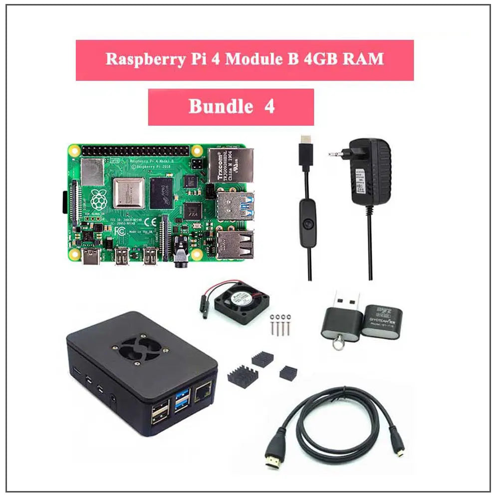 Raspberry Pi 4 Model B 2/4/8GB RAM + Case + Fan + Heat Sink + Power Adapter + 32/64 GB SD Card +HDMI-compatible Cable for RPI 4B