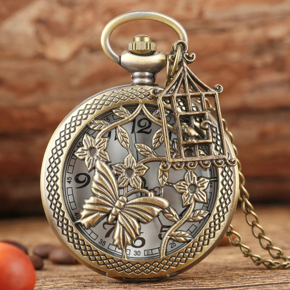 Bronze Butterfly and Flower Retro Style Necklace Pocket Watch Chain Steampunk Pendant Quartz Fob Watch Clock with Accessory 2020