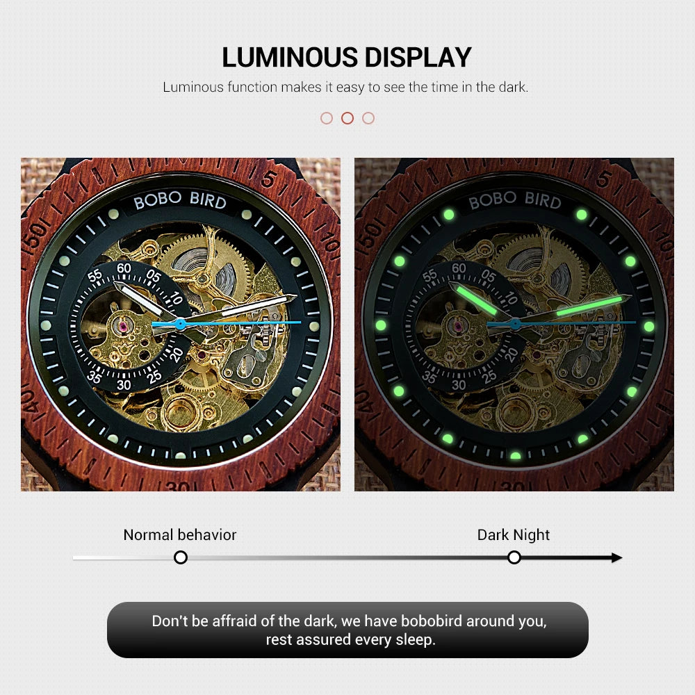 BOBO BIRD Hollow Sandalwood Men's Automatic Mechanical Watch Self-wind Wristwatch With Wood Box Dropshipping Personalized