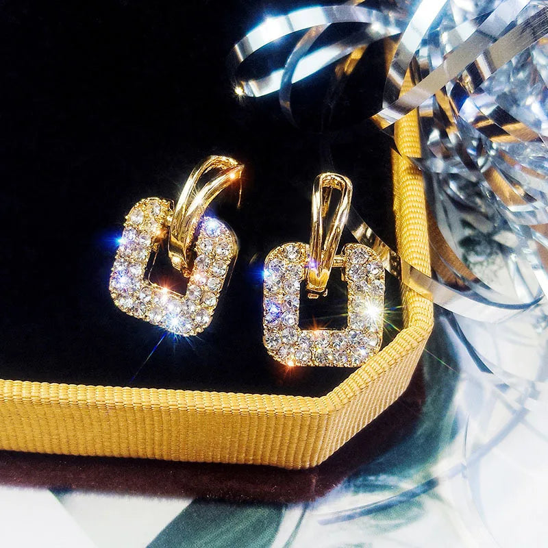 S925 Silver Needle Super Flash Fashion Ear Buckle Temperament Wild Net Red Earrings Geometric Square Rhinestone Earrings Jewelry