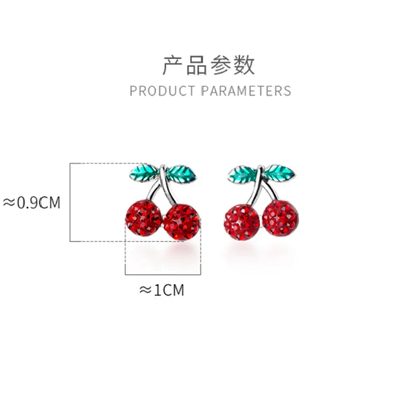 WANTME Fashion Romantic Sweet Red Zircon Cherry Fruit Studs Earrings Genuine 100% 925 Sterling Silver Girls Accessory Jewelry