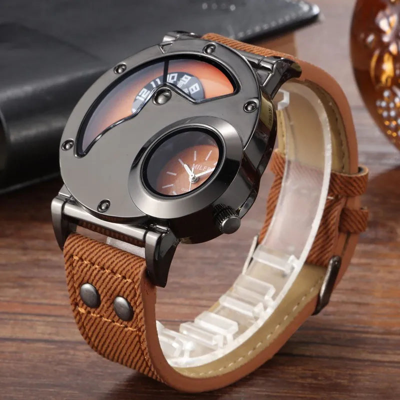 Fashion Cowboy Blue Denim Watches Men Sports Watches 2 Time Zone Leather Strap Quartz Wristwatches Man Watch Relogio Masculino