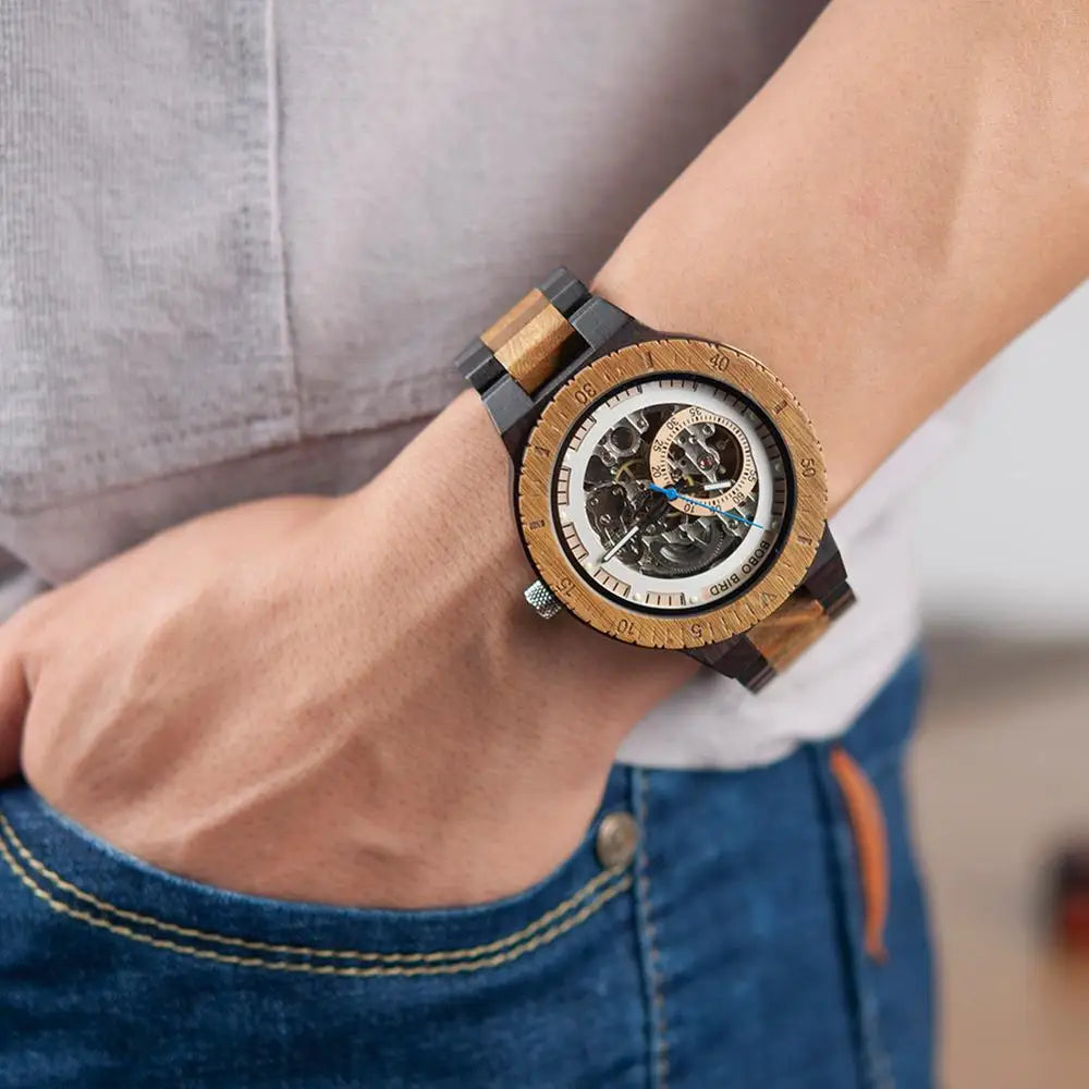 BOBO BIRD Hollow Sandalwood Men's Automatic Mechanical Watch Self-wind Wristwatch With Wood Box Dropshipping Personalized
