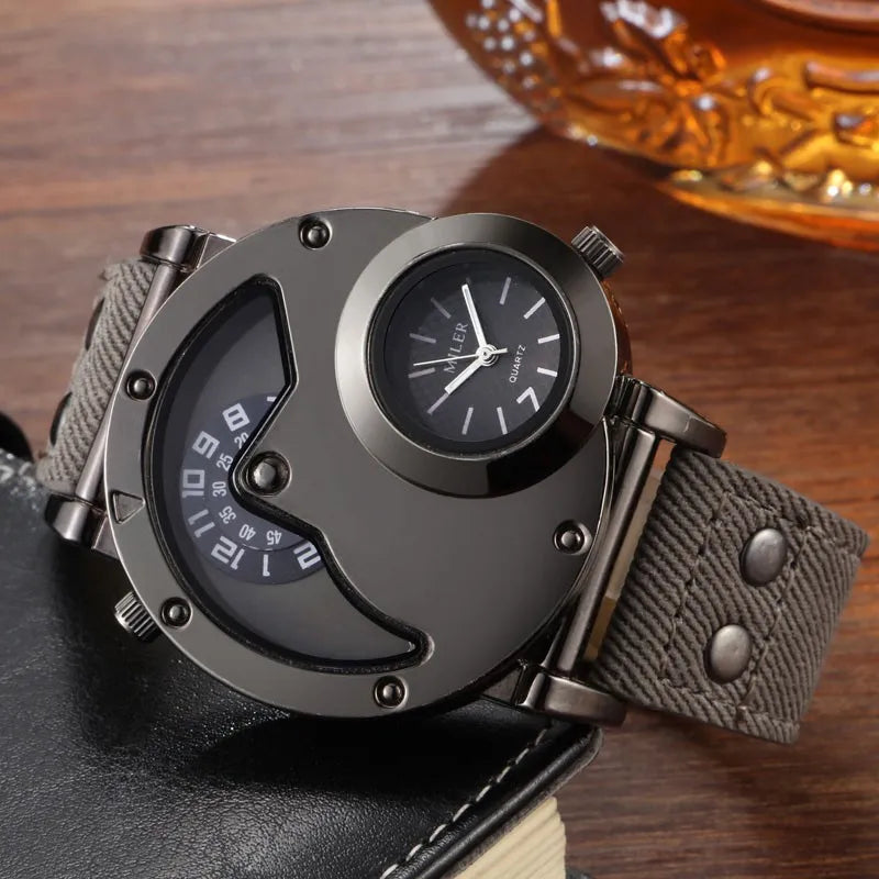 Fashion Cowboy Blue Denim Watches Men Sports Watches 2 Time Zone Leather Strap Quartz Wristwatches Man Watch Relogio Masculino