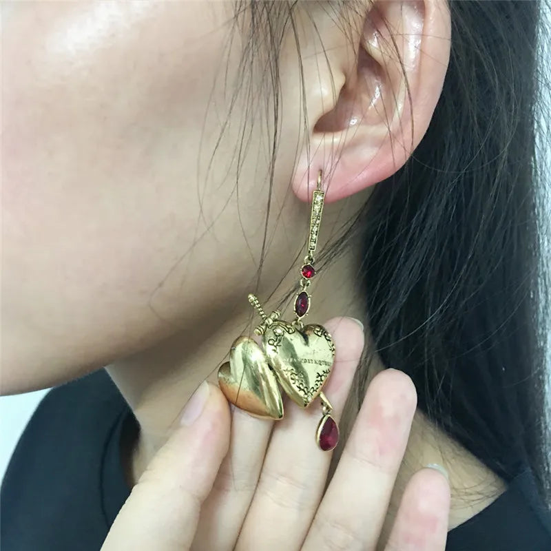 1 Pc Fashion Vintage Sword Heart Water Droplets Earrings Red Crystal Earrings for Women Earring can Open