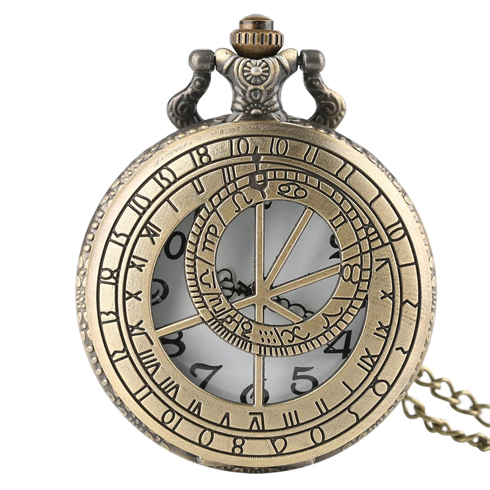 Antique Retro Bronze Compass Prague Astronomical Design Analog Pocket Watch Quartz Necklace Clock Men Women Fob Watches Pendant