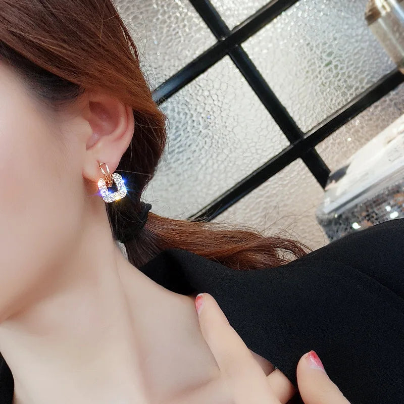 S925 Silver Needle Super Flash Fashion Ear Buckle Temperament Wild Net Red Earrings Geometric Square Rhinestone Earrings Jewelry
