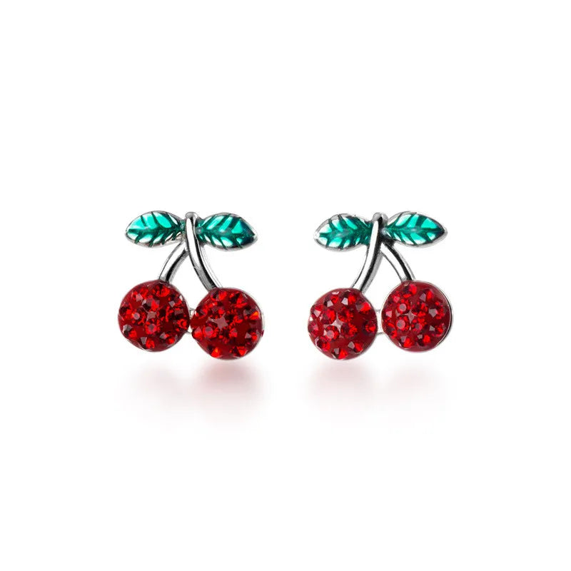 WANTME Fashion Romantic Sweet Red Zircon Cherry Fruit Studs Earrings Genuine 100% 925 Sterling Silver Girls Accessory Jewelry