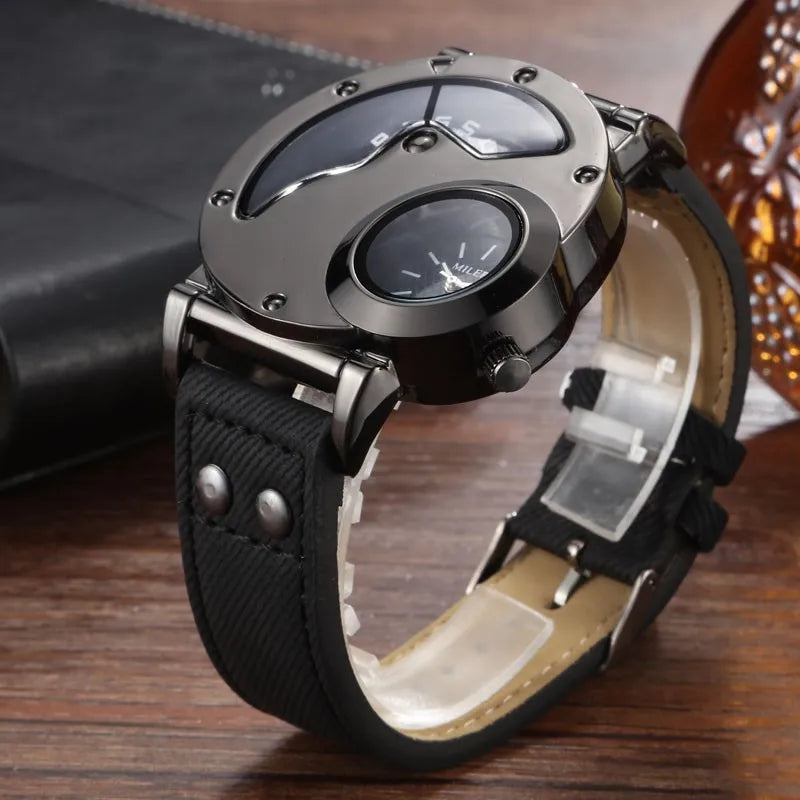 Fashion Cowboy Blue Denim Watches Men Sports Watches 2 Time Zone Leather Strap Quartz Wristwatches Man Watch Relogio Masculino