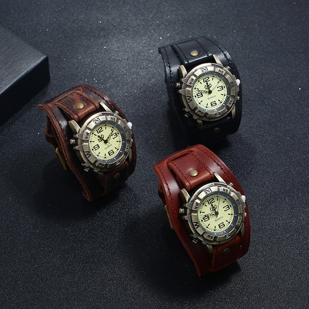 Dropshipping Vintage Women Men Punk Faux Leather Round Dial Quartz Bracelet Wrist Watches