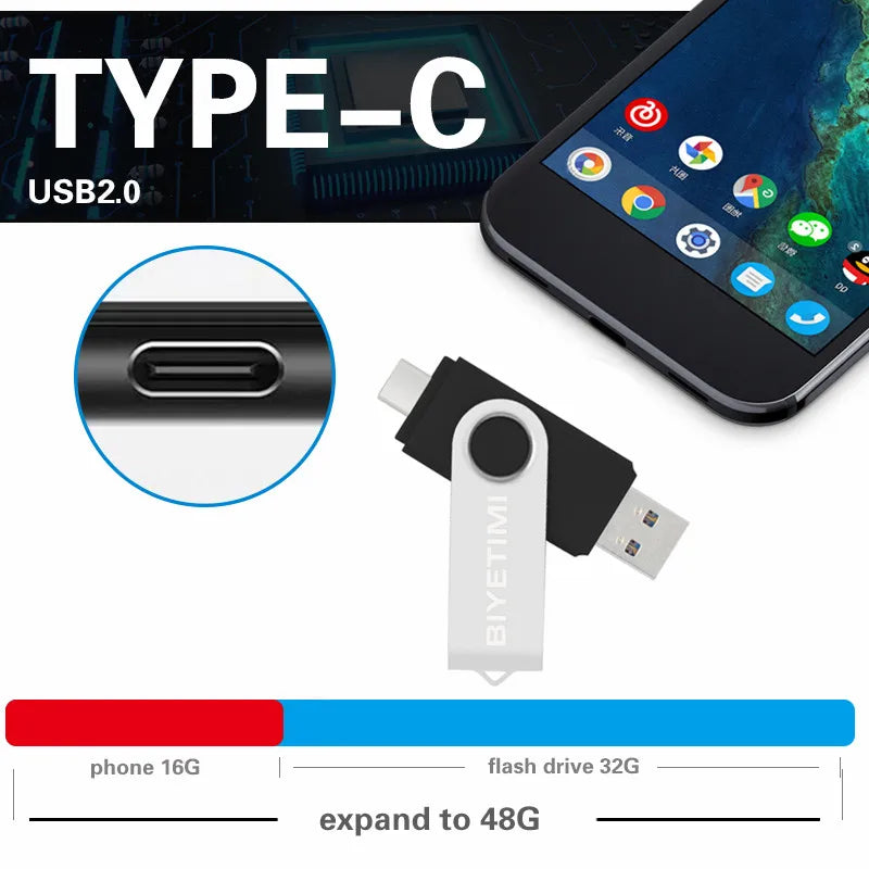 Biyetimi Type C usb flash drive 128GB OTG 2.0 64GB pen drive 32GB real capacity usb флэш-накопител memory stick for phone ＆ cPC