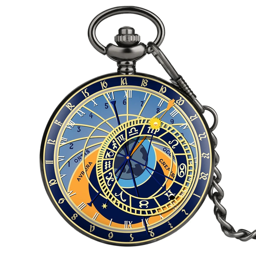 Antique Retro Bronze Compass Prague Astronomical Design Analog Pocket Watch Quartz Necklace Clock Men Women Fob Watches Pendant