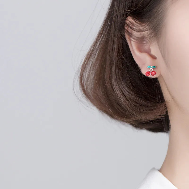 WANTME Fashion Romantic Sweet Red Zircon Cherry Fruit Studs Earrings Genuine 100% 925 Sterling Silver Girls Accessory Jewelry