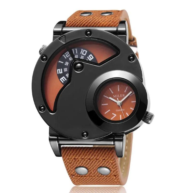Fashion Cowboy Blue Denim Watches Men Sports Watches 2 Time Zone Leather Strap Quartz Wristwatches Man Watch Relogio Masculino