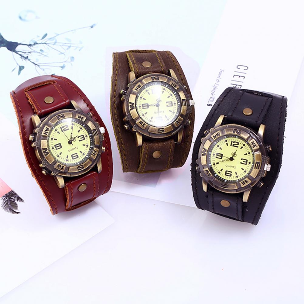 Dropshipping Vintage Women Men Punk Faux Leather Round Dial Quartz Bracelet Wrist Watches