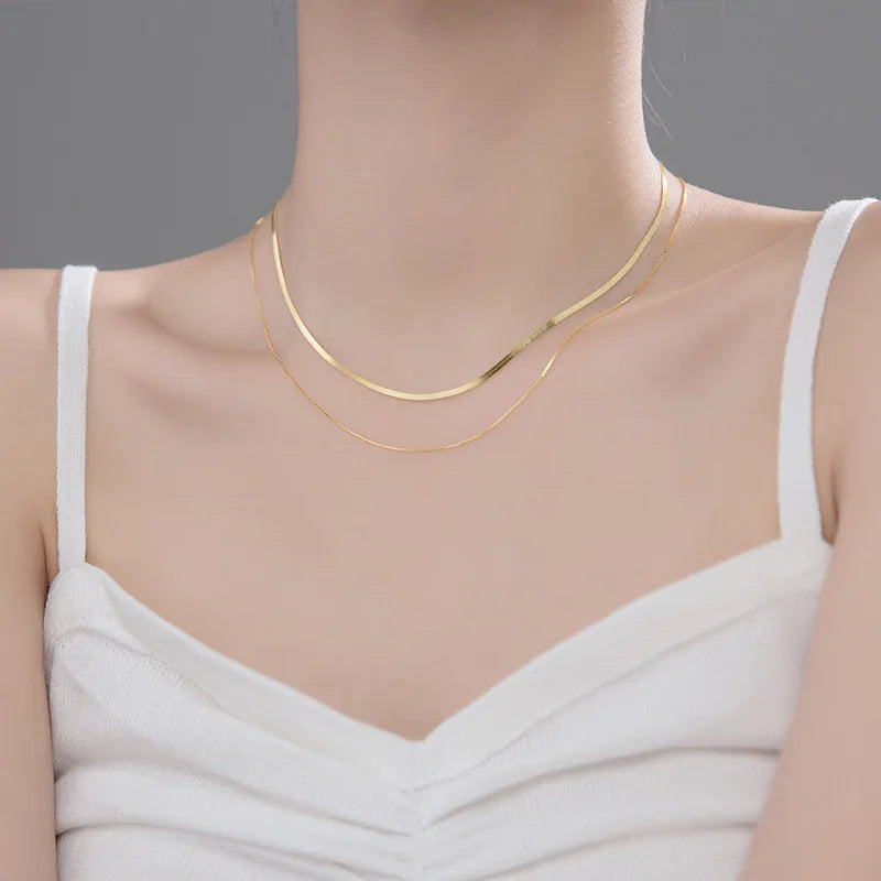 WANTME 925 Sterling Silver Plated 18k Gold Double Snake Bone Cuban Link Chain Clavicle Necklace for Women Chic Korean Jewelry