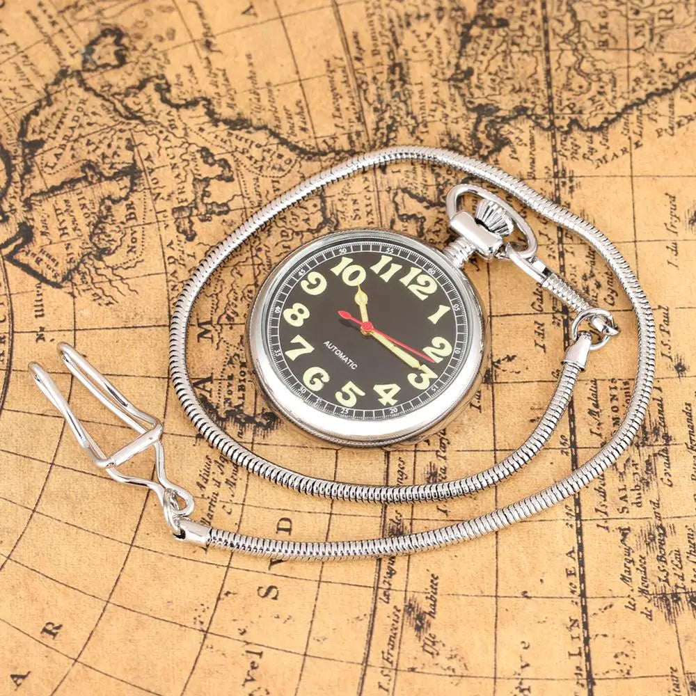 Luminous Numbers Dial Mechanical Automatic Pocket Watch Self Winding Pocket Snake Chain Luxury FOB Watch Noctilucent Fluorescent