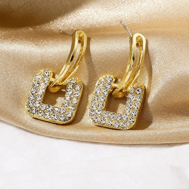 S925 Silver Needle Super Flash Fashion Ear Buckle Temperament Wild Net Red Earrings Geometric Square Rhinestone Earrings Jewelry