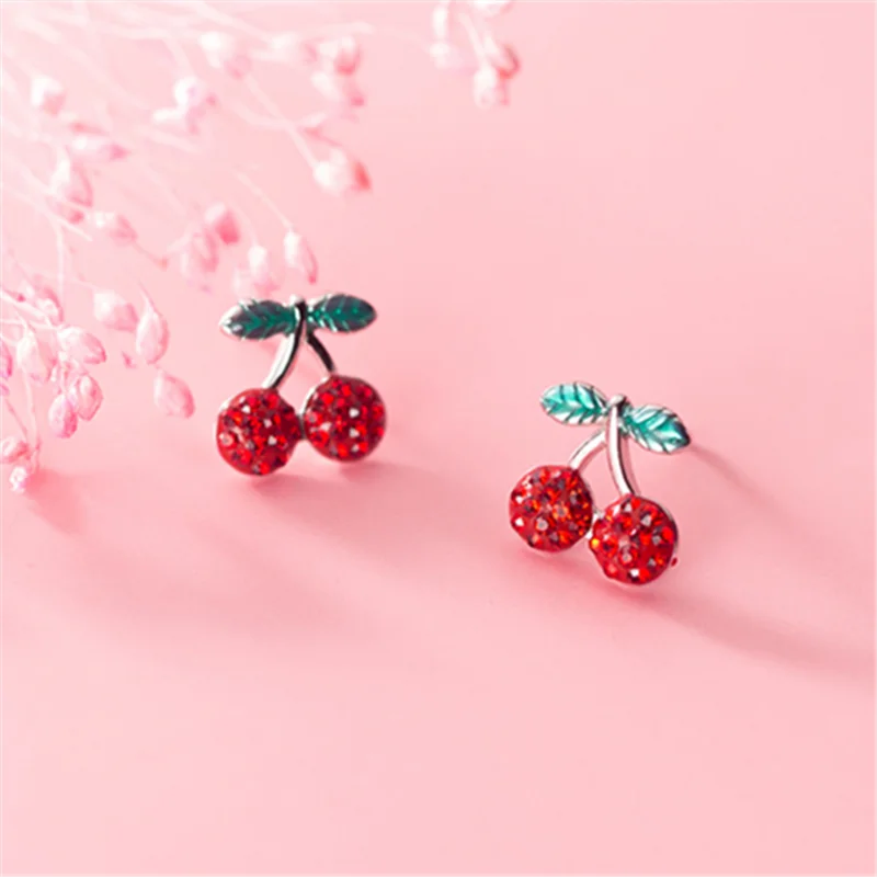 WANTME Fashion Romantic Sweet Red Zircon Cherry Fruit Studs Earrings Genuine 100% 925 Sterling Silver Girls Accessory Jewelry