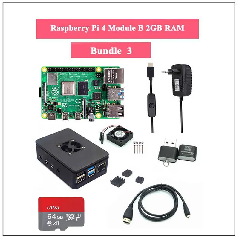 Raspberry Pi 4 Model B 2/4/8GB RAM + Case + Fan + Heat Sink + Power Adapter + 32/64 GB SD Card +HDMI-compatible Cable for RPI 4B