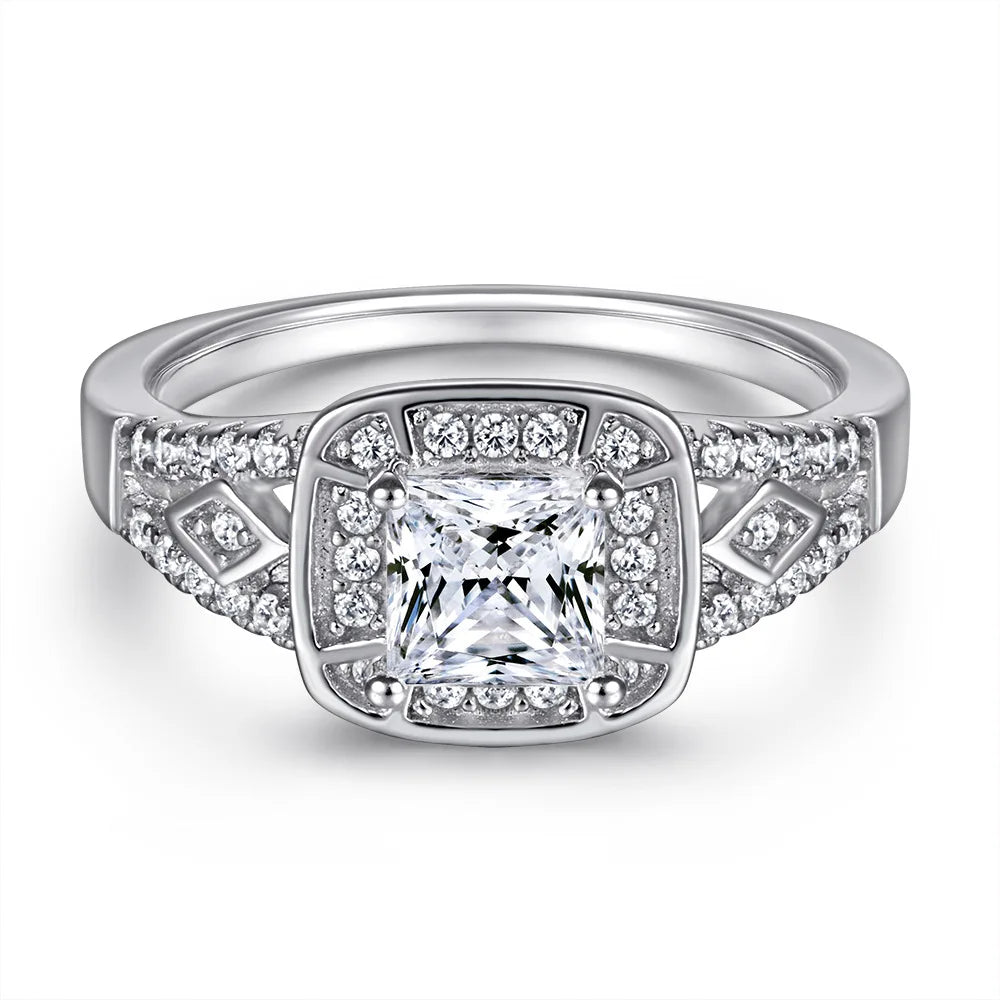 Luxury Women Ring Pure 925 Sterling Silver Ring Square Zircon Rhinestone Bride Wedding Jewelry Gift Accessories For Party