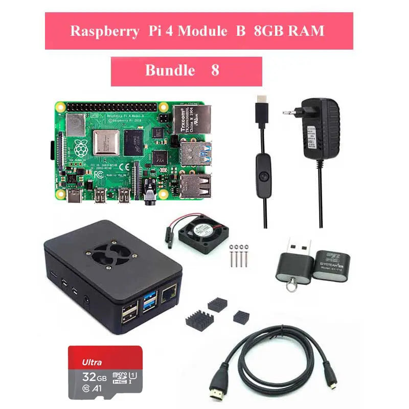 Raspberry Pi 4 Model B 2/4/8GB RAM + Case + Fan + Heat Sink + Power Adapter + 32/64 GB SD Card +HDMI-compatible Cable for RPI 4B