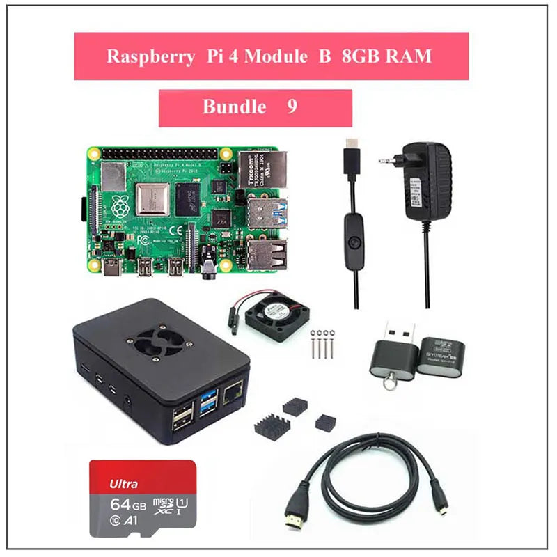 Raspberry Pi 4 Model B 2/4/8GB RAM + Case + Fan + Heat Sink + Power Adapter + 32/64 GB SD Card +HDMI-compatible Cable for RPI 4B