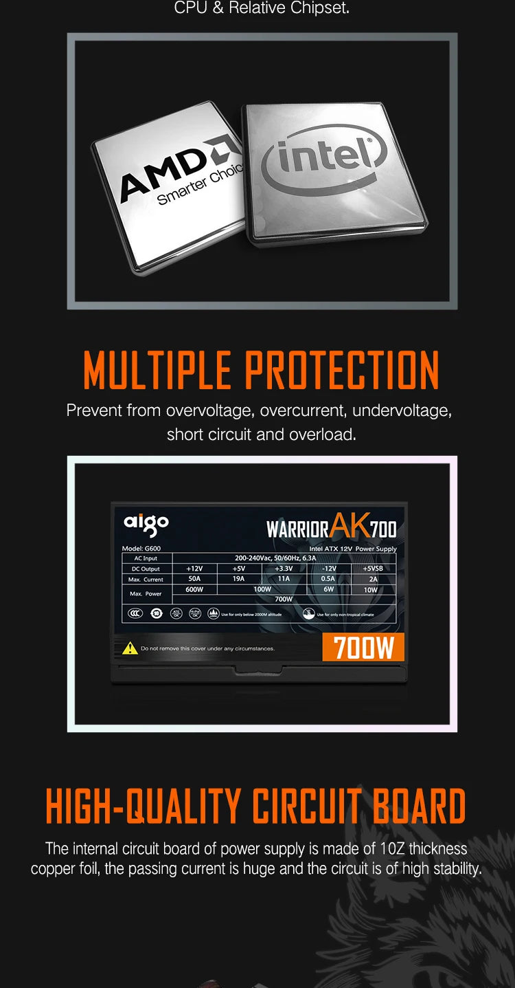 Aigo AK 500W 600W 700W PC PSU Power Supply Unit Gaming Quiet 120mm RGB Fan 220V ATX Desktop computer Power Supply for 7800x3d