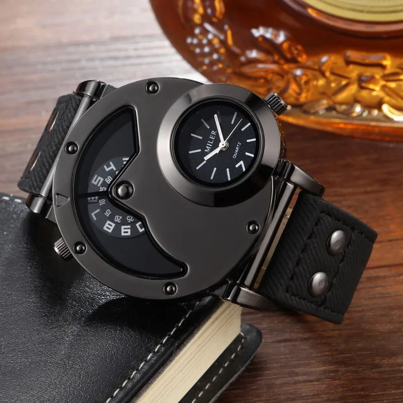Fashion Cowboy Blue Denim Watches Men Sports Watches 2 Time Zone Leather Strap Quartz Wristwatches Man Watch Relogio Masculino