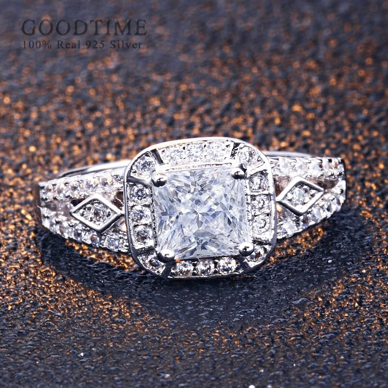 Luxury Women Ring Pure 925 Sterling Silver Ring Square Zircon Rhinestone Bride Wedding Jewelry Gift Accessories For Party