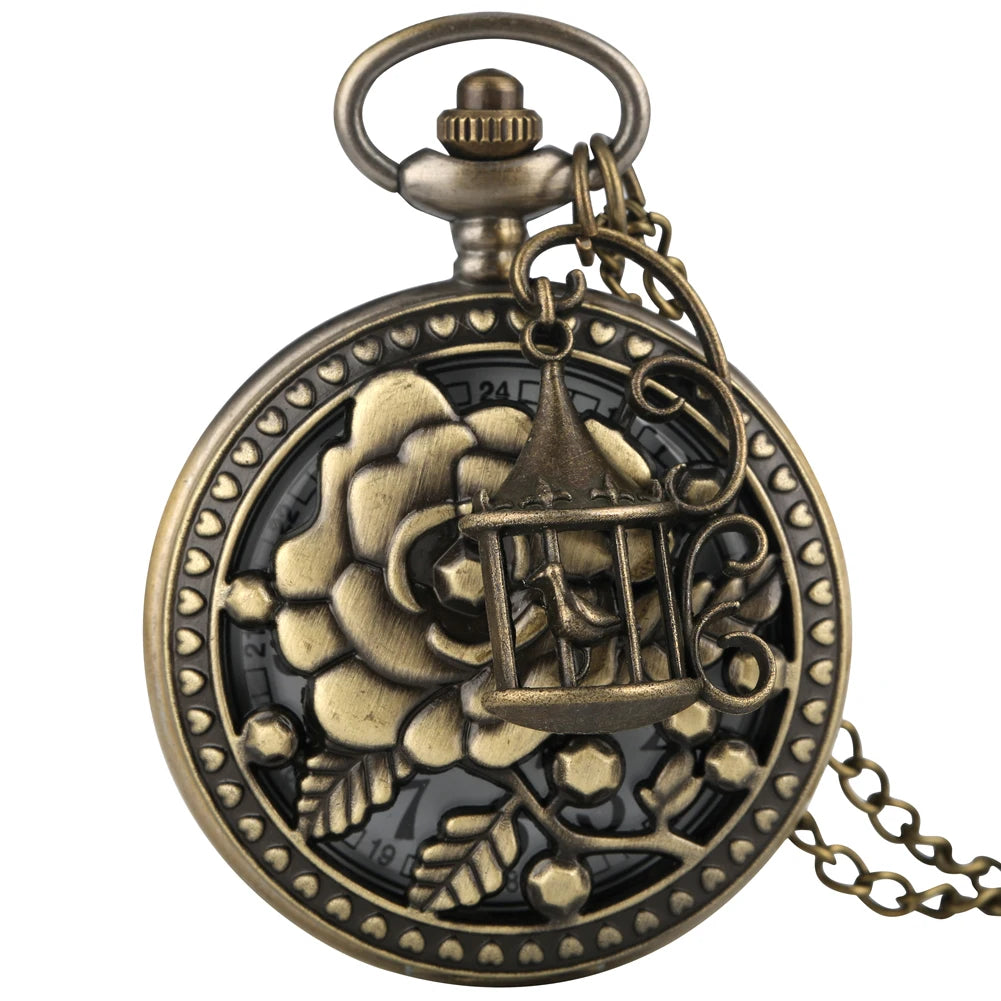Bronze Butterfly and Flower Retro Style Necklace Pocket Watch Chain Steampunk Pendant Quartz Fob Watch Clock with Accessory 2020