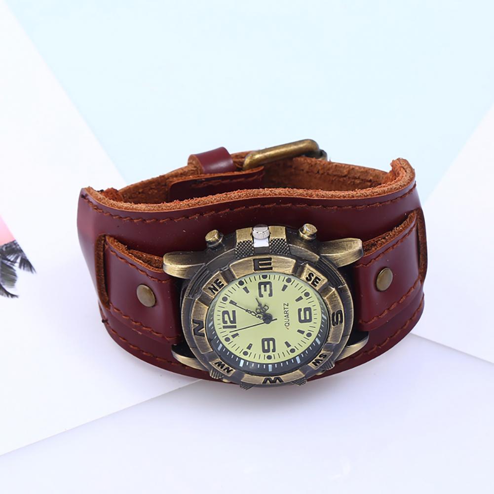 Dropshipping Vintage Women Men Punk Faux Leather Round Dial Quartz Bracelet Wrist Watches