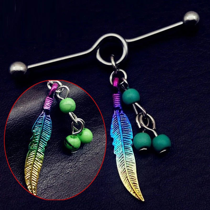 1PC Long Stainless Steel Industrial Piercing Ear Cartilage Straight Bar Jewelry Boho Feather Pendant Earring Ear Barbell Jewelry