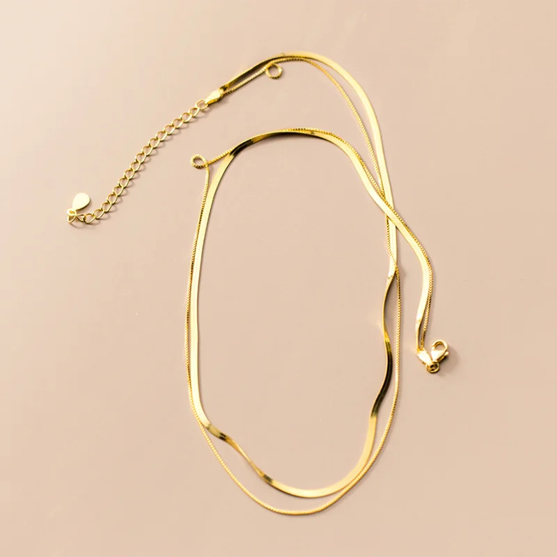 WANTME 925 Sterling Silver Plated 18k Gold Double Snake Bone Cuban Link Chain Clavicle Necklace for Women Chic Korean Jewelry