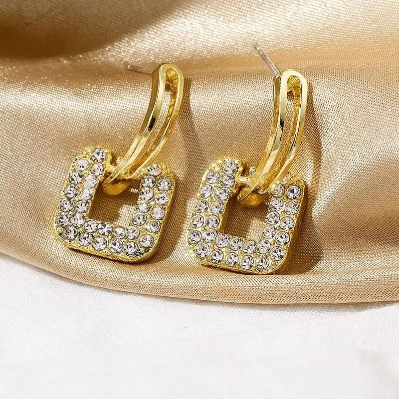 S925 Silver Needle Super Flash Fashion Ear Buckle Temperament Wild Net Red Earrings Geometric Square Rhinestone Earrings Jewelry
