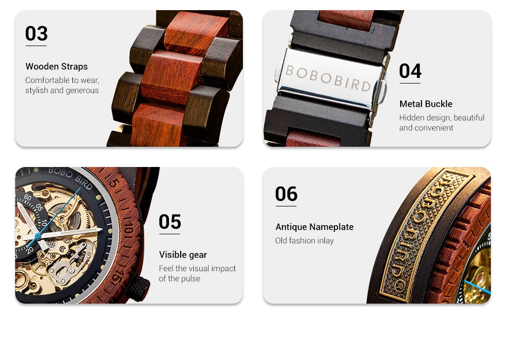 BOBO BIRD Hollow Sandalwood Men's Automatic Mechanical Watch Self-wind Wristwatch With Wood Box Dropshipping Personalized