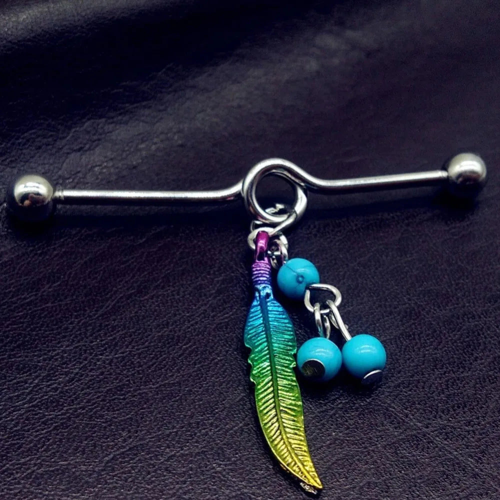 1PC Long Stainless Steel Industrial Piercing Ear Cartilage Straight Bar Jewelry Boho Feather Pendant Earring Ear Barbell Jewelry