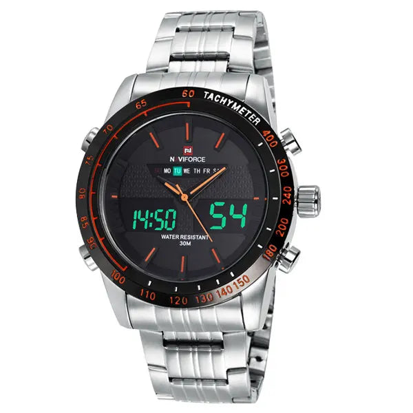 NAVIFORCE Brand Mens 30M Waterproof Sport Watch Men Stainless Steel Analog Digital LED Watches Dual Time Clock Relogio Masculino
