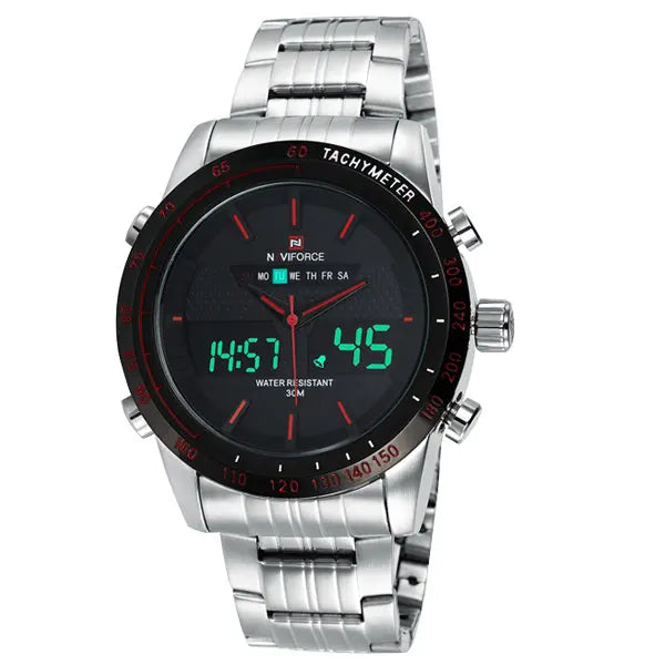 NAVIFORCE Brand Mens 30M Waterproof Sport Watch Men Stainless Steel Analog Digital LED Watches Dual Time Clock Relogio Masculino