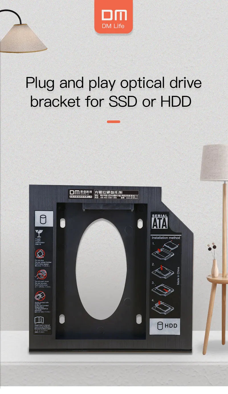 DM DW95 HDD Caddy 9.5mm Plastic Optibay SATA 3.0 Hard Disk Drive Box Enclosure DVD Adapter 2.5 SSD 2TB For Laptop CD-ROM