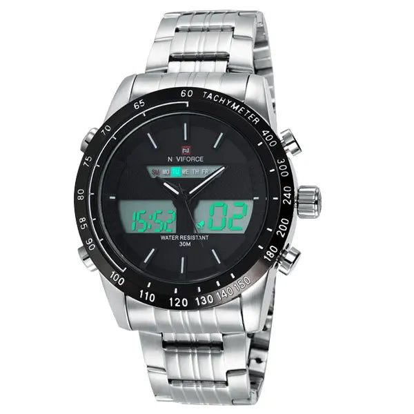 NAVIFORCE Brand Mens 30M Waterproof Sport Watch Men Stainless Steel Analog Digital LED Watches Dual Time Clock Relogio Masculino
