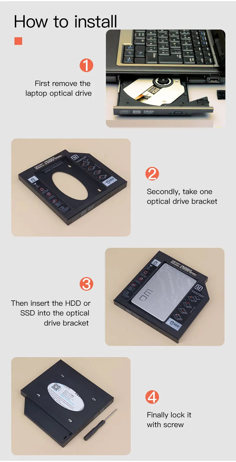 DM DW95 HDD Caddy 9.5mm Plastic Optibay SATA 3.0 Hard Disk Drive Box Enclosure DVD Adapter 2.5 SSD 2TB For Laptop CD-ROM