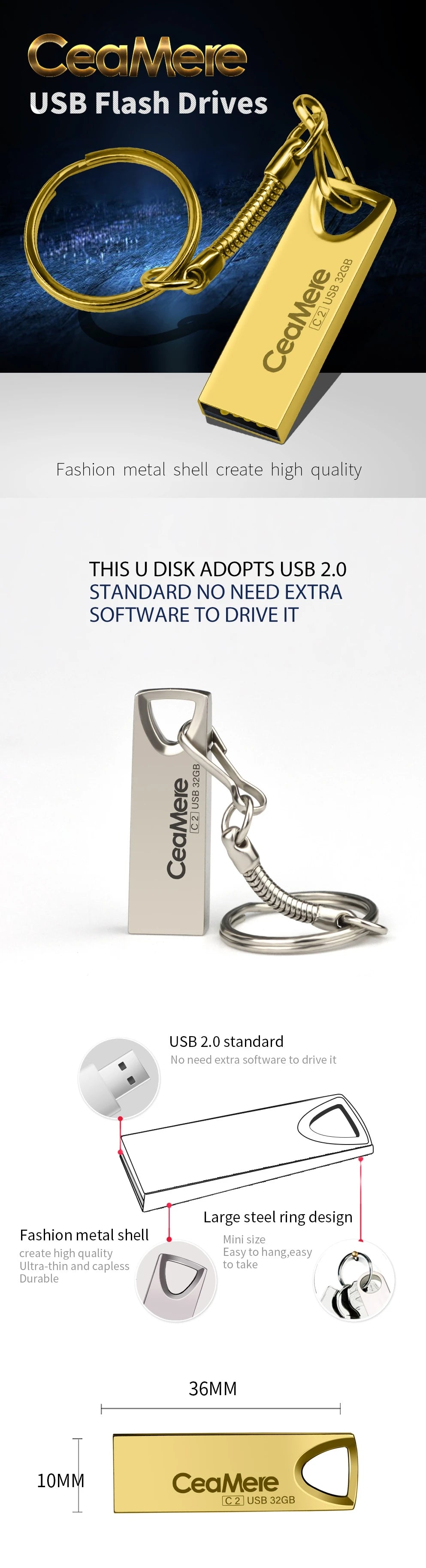 Ceamere 2PCS C2 USB Flash Drive 8GB/16GB/32GB/64GB Pen Drive Pendrive USB 2.0 Flash Drive Memory stick  USB disk 512MB 256MB