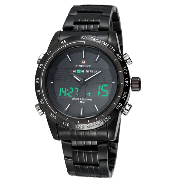 NAVIFORCE Brand Mens 30M Waterproof Sport Watch Men Stainless Steel Analog Digital LED Watches Dual Time Clock Relogio Masculino