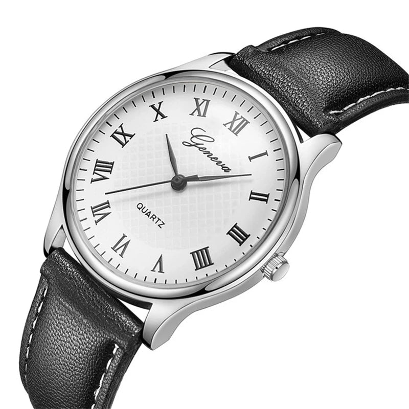 GENEVA Fashion Wristwatch Black Dial Leather Strap Men Waterproof Outdoor Watches Business Quartz Clock Male Relogio Masculino